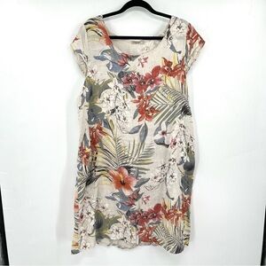 LUNGO L'ARNO 100% Linen Dress Floral 1X Flowy Lagenlook Flowers Summer A Line